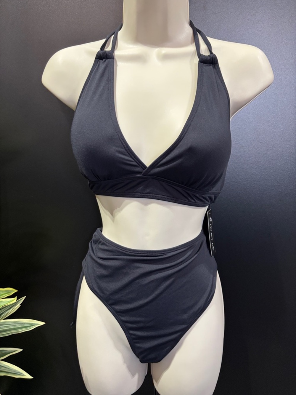 Tempt Me padded v-neck top,high waist ruching ties bottoms, neck tie